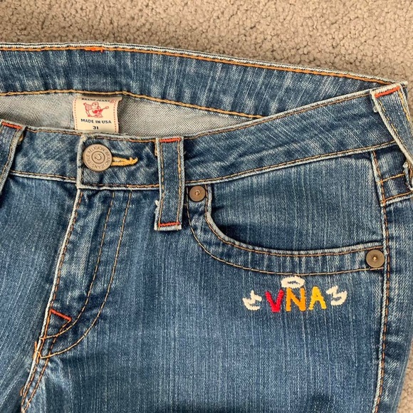 Custom Reworked True Religion Embroidered Flare Blue Jeans - Picture 4 of 7